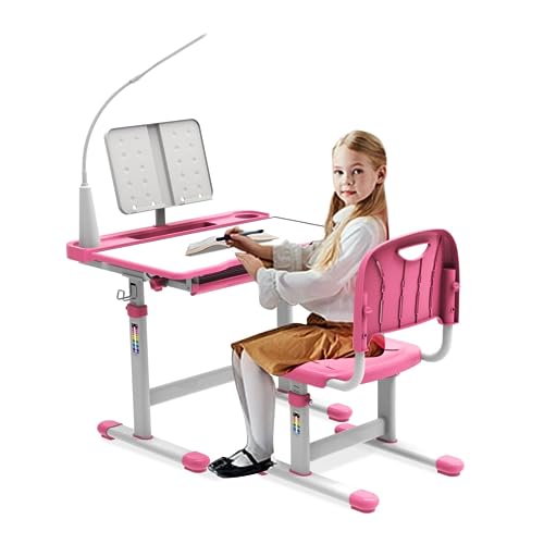 Wrilibo Kids Desk and Chair Set 3-12 Years, Height Adjustable Study Desk for Kids, Kids School Desk with Light, 40-Degree Tiltable Desktop Kids Study Desk, Girls Desk Pink