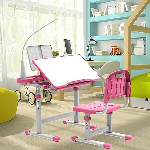 Wrilibo Kids Desk and Chair Set 3-12 Years, Height Adjustable Study Desk for Kids, Kids School Desk with Light, 40-Degree Tiltable Desktop Kids Study Desk, Girls Desk Pink