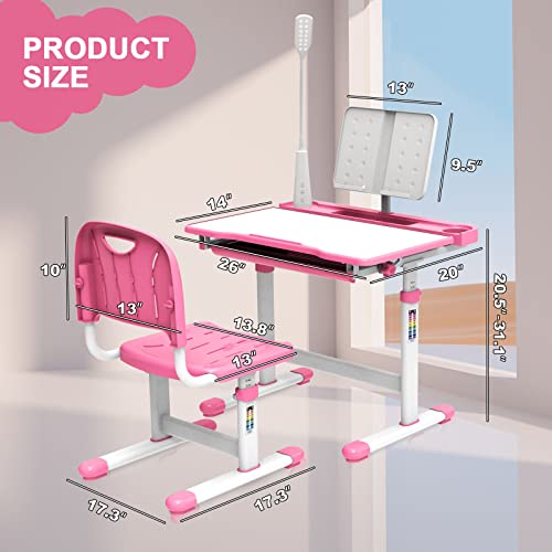 Wrilibo Kids Desk and Chair Set 3-12 Years, Height Adjustable Study Desk for Kids, Kids School Desk with Light, 40-Degree Tiltable Desktop Kids Study Desk, Girls Desk Pink