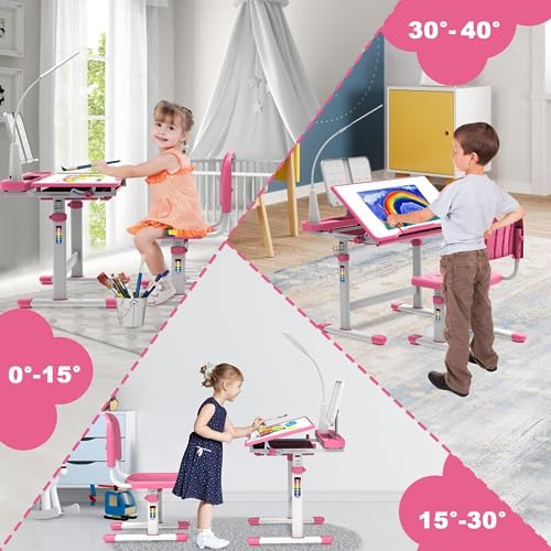 Wrilibo Kids Desk and Chair Set 3-12 Years, Height Adjustable Study Desk for Kids, Kids School Desk with Light, 40-Degree Tiltable Desktop Kids Study Desk, Girls Desk Pink