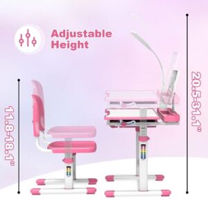 Wrilibo Kids Desk and Chair Set 3-12 Years, Height Adjustable Study Desk for Kids, Kids School Desk with Light, 40-Degree Tiltable Desktop Kids Study Desk, Girls Desk Pink