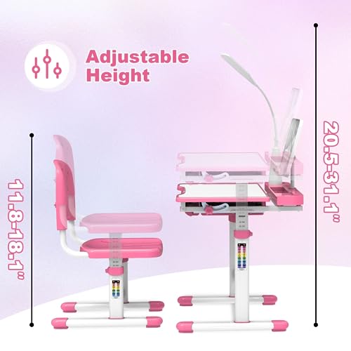 Wrilibo Kids Desk and Chair Set 3-12 Years, Height Adjustable Study Desk for Kids, Kids School Desk with Light, 40-Degree Tiltable Desktop Kids Study Desk, Girls Desk Pink