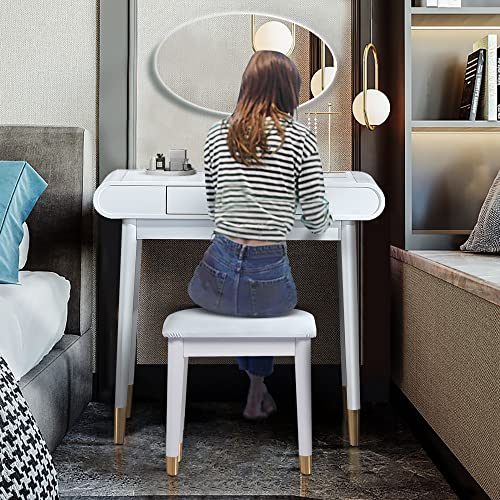 FUQIAOTEC Modern White Makeup Vanity Set, High Gloss Dressing Table with Vanity Stool and Drawer, Minimalism Bedroom Vanity Set Without Mirror, Stable and Durable Solid Wood Legs