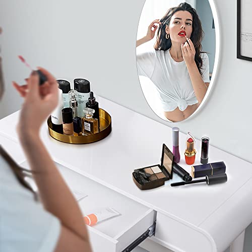 FUQIAOTEC Modern White Makeup Vanity Set, High Gloss Dressing Table with Vanity Stool and Drawer, Minimalism Bedroom Vanity Set Without Mirror, Stable and Durable Solid Wood Legs