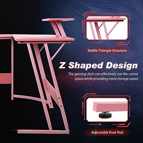 PayLessHere L Shaped Desk Corner Gaming Desk Computer Desk with Large Desktop Studying and Working and Gaming for Home and Work Place,Pink