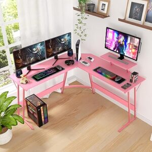 PayLessHere L Shaped Desk Corner Gaming Desk Computer Desk with Large Desktop Studying and Working and Gaming for Home and Work Place,Pink