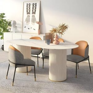 lakiq slate stone oval dining table contemporary kitchen dining room table double pedestal table-table only-without chairs(white, 78.7" l x 31.5" w x 29.5" h)