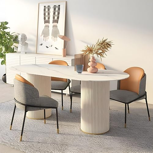 LAKIQ Slate Stone Oval Dining Table Contemporary Kitchen Dining Room Table Double Pedestal Table-Table Only-Without Chairs(White, 78.7" L x 31.5" W x 29.5" H)