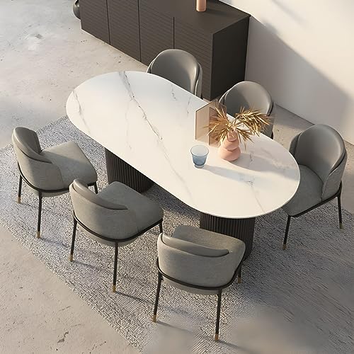 LAKIQ Slate Stone Oval Dining Table Contemporary Kitchen Dining Room Table Double Pedestal Table-Table Only-Without Chairs(White, 78.7" L x 31.5" W x 29.5" H)