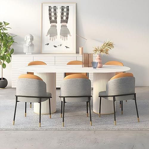 LAKIQ Slate Stone Oval Dining Table Contemporary Kitchen Dining Room Table Double Pedestal Table-Table Only-Without Chairs(White, 78.7" L x 31.5" W x 29.5" H)