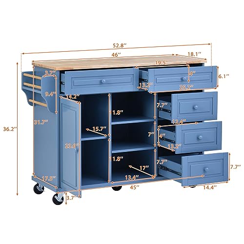 OTRIEK Kitchen Island, Kitchen Cart for Home with Rubber Wood Desktop, Rolling Serving Utility Trolley Cart on Wheel with Storage and 5 Draws, Kitchen Serving Cart for Dining Room, Bar (AAG-Blue)