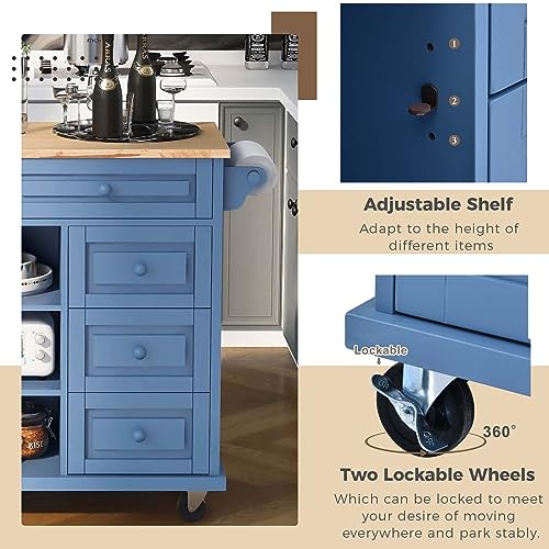 OTRIEK Kitchen Island, Kitchen Cart for Home with Rubber Wood Desktop, Rolling Serving Utility Trolley Cart on Wheel with Storage and 5 Draws, Kitchen Serving Cart for Dining Room, Bar (AAG-Blue)