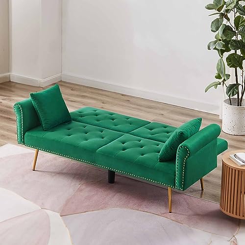 RIDFY 70”Modern 2 in 1 Velvet Futon Sofa Bed, Convertible Sleeper Couch with Legs/Pillows, Folding Upholstered Loveseat, Memory Foam Living Seat, Tufted Recliner Sofa for Home/Office (Green)