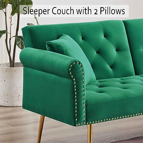 RIDFY 70”Modern 2 in 1 Velvet Futon Sofa Bed, Convertible Sleeper Couch with Legs/Pillows, Folding Upholstered Loveseat, Memory Foam Living Seat, Tufted Recliner Sofa for Home/Office (Green)