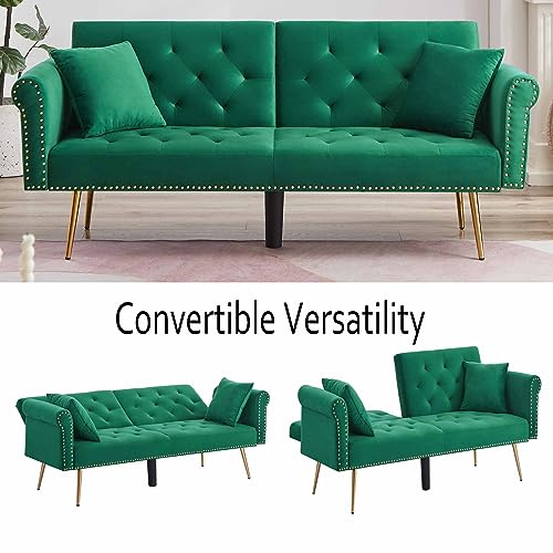 RIDFY 70”Modern 2 in 1 Velvet Futon Sofa Bed, Convertible Sleeper Couch with Legs/Pillows, Folding Upholstered Loveseat, Memory Foam Living Seat, Tufted Recliner Sofa for Home/Office (Green)