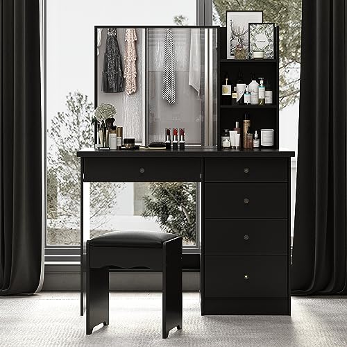 FUFU&GAGA Large Vanity Table Set Makeup Vanity Dressing Table with Mirror, 5 Drawers & Shelves, Dresser Desk and Cushioned Stool Set Black