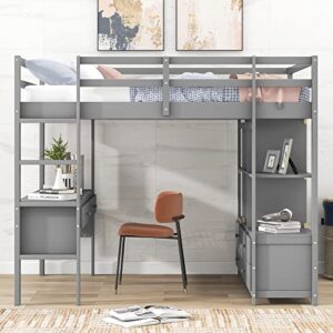 harper & bright designs full size loft bed with desk and 2 drawers, solid wood full loft bed with storage shelves and drawers for girls boys teens adults,no box spring needed,grey