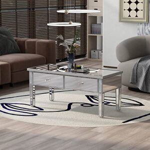 OPTOUGH Modern Glass Mirrored Coffee Table with 2 Drawers, Cocktail Platform with Crystal Handles and Adjustable Height Legs for Living Room, Silver