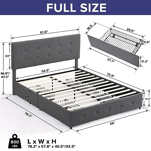 Prohon Upholstered Bed Frame Full Size with 4 Storage Drawers and Button Tufted Headboard, Comfort Adjustable Mattress Height, Platform Bed with Wooden Slats Support, Bedframe No Box Spring Needed