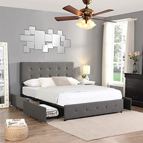 Prohon Upholstered Bed Frame Full Size with 4 Storage Drawers and Button Tufted Headboard, Comfort Adjustable Mattress Height, Platform Bed with Wooden Slats Support, Bedframe No Box Spring Needed