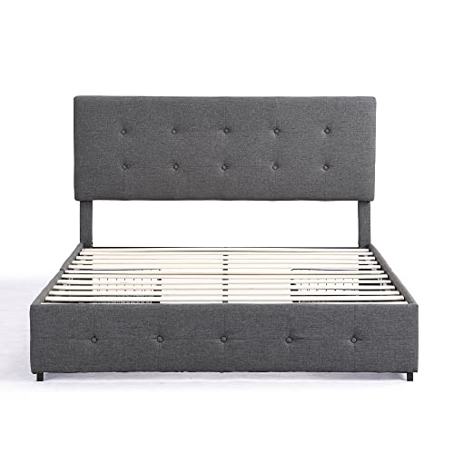 Prohon Upholstered Bed Frame Full Size with 4 Storage Drawers and Button Tufted Headboard, Comfort Adjustable Mattress Height, Platform Bed with Wooden Slats Support, Bedframe No Box Spring Needed