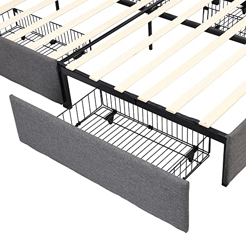 Prohon Upholstered Bed Frame Full Size with 4 Storage Drawers and Button Tufted Headboard, Comfort Adjustable Mattress Height, Platform Bed with Wooden Slats Support, Bedframe No Box Spring Needed