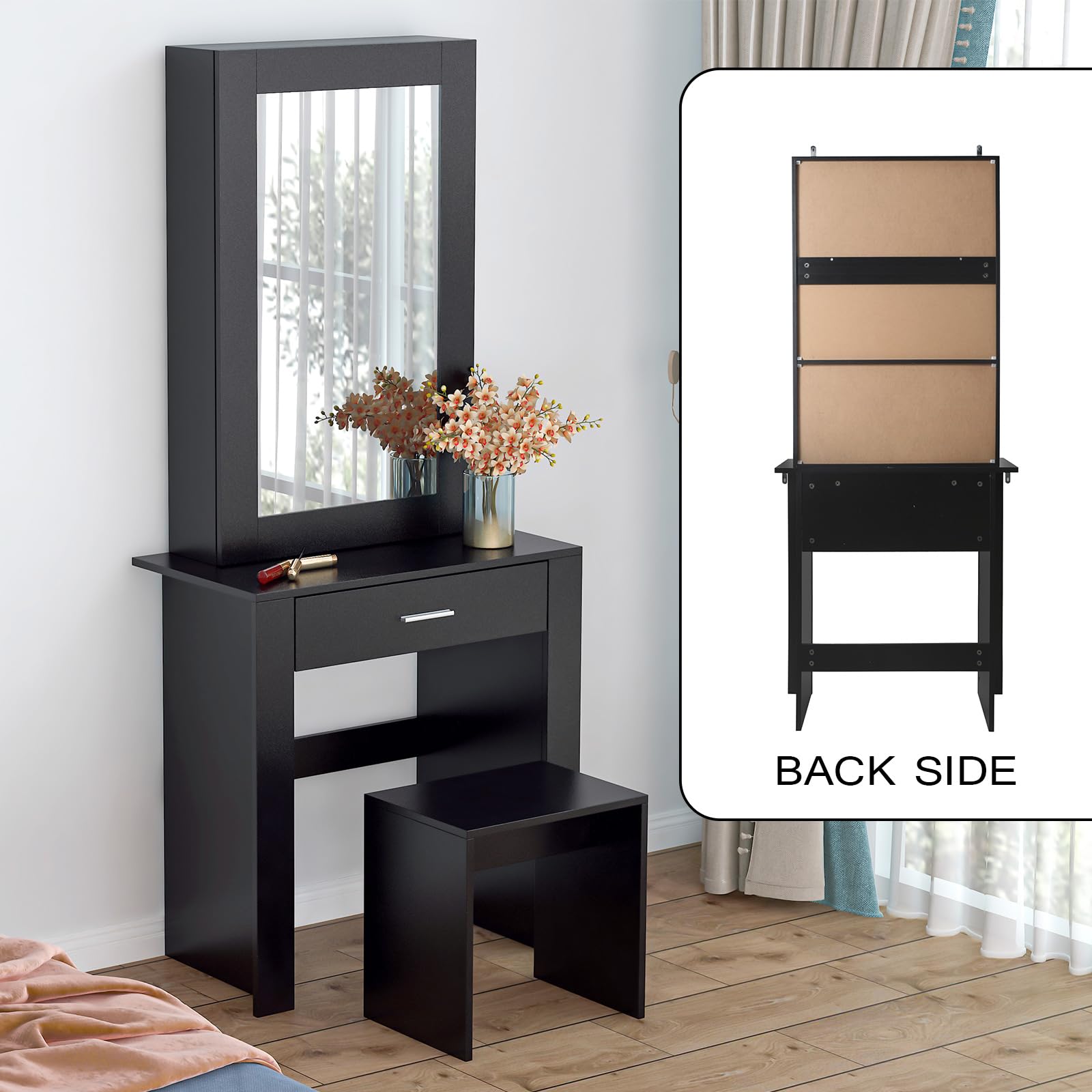 PHPMFTOS Makeup Vanity Desk with Mirror and Stool Bedroom Dressing Table with Storage Shelves Drawer Vanity Set for Women (Black)