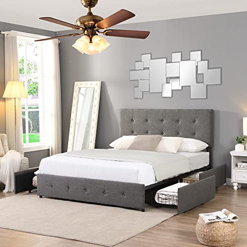 Livavege Upholstered Queen Size Platform Bed with 4 Storage Drawers and Headboard, Square Stitched Button Tufted, Queen Bed Frames for Kids, Teen & Adults, Wooden Slats Support, No Box Spring Needed