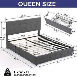 Livavege Upholstered Queen Size Platform Bed with 4 Storage Drawers and Headboard, Square Stitched Button Tufted, Queen Bed Frames for Kids, Teen & Adults, Wooden Slats Support, No Box Spring Needed