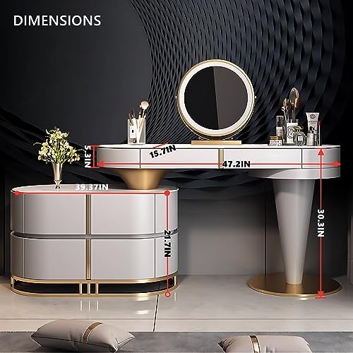 ZGNBSD Luxury Vanity Table Set - Makeup Table with Drawers,Stool & Smart Mirror,Solid Wood Bedroom Vanity | for Her