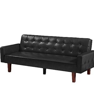 Eafurn 74.41" Faxu Leather Upholstered Futon Sofa Bed, Deep Button Tufted Convertible Folding Sleeper Couches with Solid Wood Legs, 3 Seater Comfy Soft Sofa & Couches for Living Room Office, Black PU