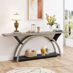 tribesigns 70.87" console table with storage shelf, narrow long sofa table behind couch table, 2-tier rustic entryway table with half moon frame for hallway living room, gray & black