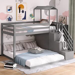 deyobed twin over full house shaped wooden bunk bed detachable loft bed with trundle, storage staircase, and shelves - versatile solution for kids, teens, and adults