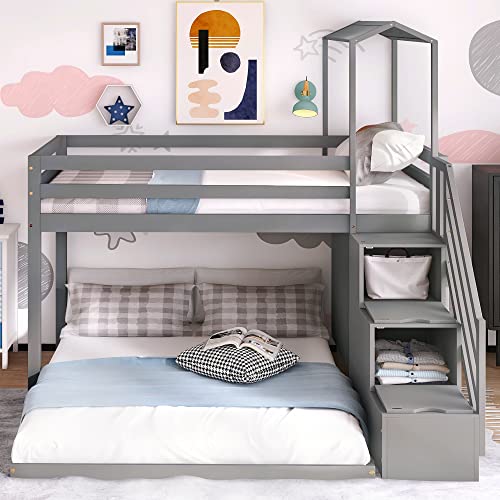 DEYOBED Twin Over Full House Shaped Wooden Bunk Bed Detachable Loft Bed with Trundle, Storage Staircase, and Shelves - Versatile Solution for Kids, Teens, and Adults