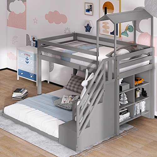 DEYOBED Twin Over Full House Shaped Wooden Bunk Bed Detachable Loft Bed with Trundle, Storage Staircase, and Shelves - Versatile Solution for Kids, Teens, and Adults