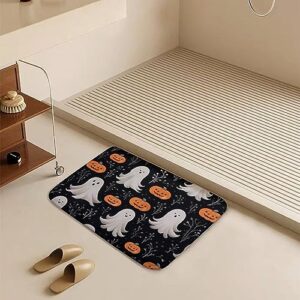 Bath Mat Pumpkins with Ghosts and Webs Design Bath Mats Halloween Holiday Foam Door Mats Bathroom Decorations Carpets Non-Slip Flannel Bath Rug Shower Floor Carpet 16x24 Inch