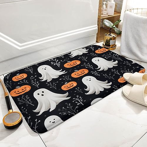 Bath Mat Pumpkins with Ghosts and Webs Design Bath Mats Halloween Holiday Foam Door Mats Bathroom Decorations Carpets Non-Slip Flannel Bath Rug Shower Floor Carpet 16x24 Inch