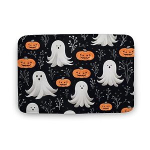 Bath Mat Pumpkins with Ghosts and Webs Design Bath Mats Halloween Holiday Foam Door Mats Bathroom Decorations Carpets Non-Slip Flannel Bath Rug Shower Floor Carpet 16x24 Inch