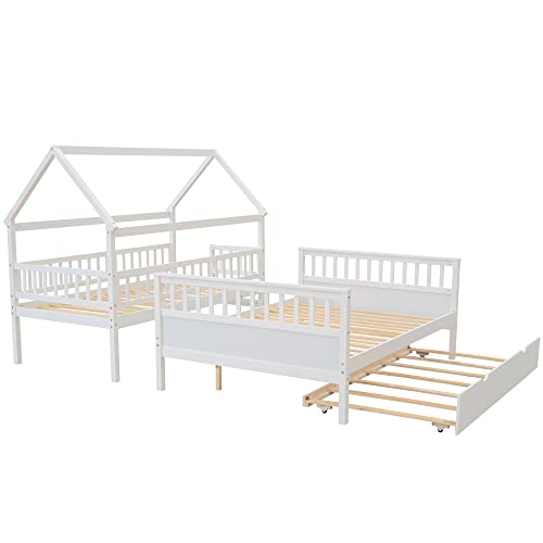 DEYOBED Twin Over Full House Shaped Wooden Bunk Bed with Trundle and Storage Staircase - Perfect for Kids and Teens, Maximizing Space and Convenience in Bedrooms