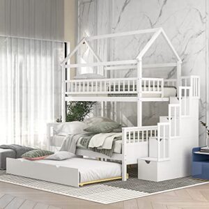 deyobed twin over full house shaped wooden bunk bed with trundle and storage staircase - perfect for kids and teens, maximizing space and convenience in bedrooms