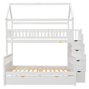 DEYOBED Twin Over Full House Shaped Wooden Bunk Bed with Trundle and Storage Staircase - Perfect for Kids and Teens, Maximizing Space and Convenience in Bedrooms