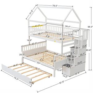 DEYOBED Twin Over Full House Shaped Wooden Bunk Bed with Trundle and Storage Staircase - Perfect for Kids and Teens, Maximizing Space and Convenience in Bedrooms