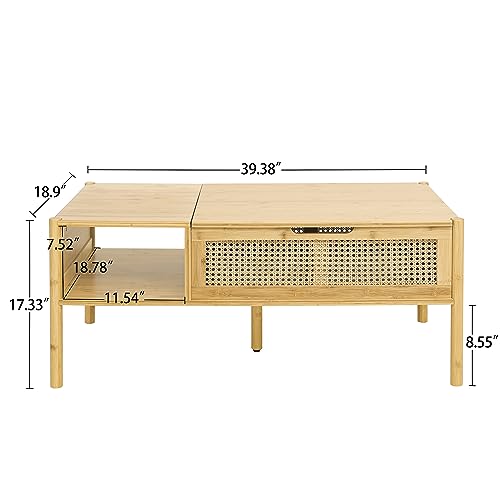 Rattan Lift Top Coffee Table, Wood Lifting Top Central Table with Hidden Compartment, 40 Inch Lift Tabletop Tea Table Cocktail Table Modern Pop up Adjustable Table for Home Living Room, Office