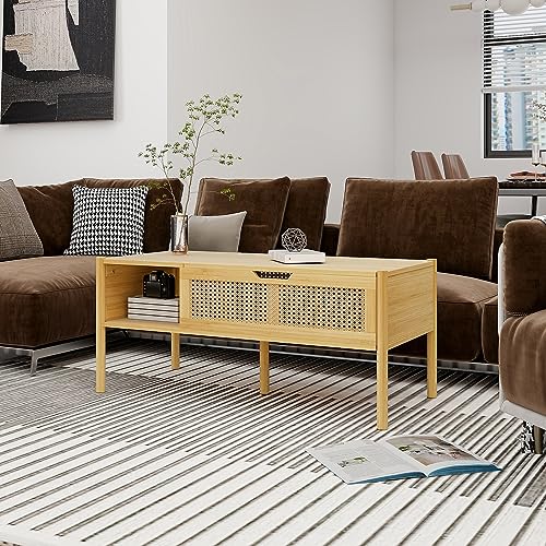 Rattan Lift Top Coffee Table, Wood Lifting Top Central Table with Hidden Compartment, 40 Inch Lift Tabletop Tea Table Cocktail Table Modern Pop up Adjustable Table for Home Living Room, Office