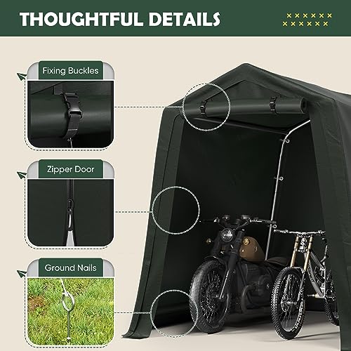 Flamaker Storage Shed 6 x 6 x 7 ft Outdoor Heavy Duty Waterproof Garage Steel Frame Portable Shed with Roll-up Zipper Doors for Motorcycle, Bike, Gardening Tools (Green)