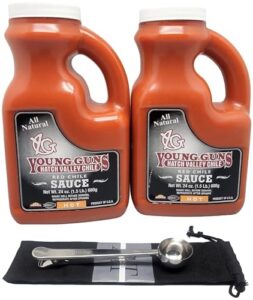 young guns mild red chile sauce 2-pack - 505 fresh - made with young guns hatch valley chile + alwaysthriving™ 2-in-1 scoop spoon & bag clip combo - authentic hatch flavor (red chile sauce(hot))