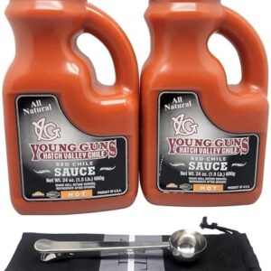 Young Guns Mild Red Chile Sauce 2-Pack - 505 Fresh - Made With Young Guns Hatch Valley Chile + AlwaysThriving™ 2-in-1 Scoop Spoon & Bag Clip Combo - Authentic Hatch Flavor (Red Chile Sauce(HOT))