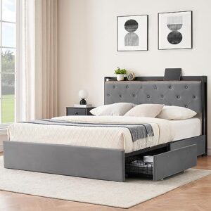 idealhouse queen size bed frame with 4 storage drawers and charging station, grey velvet upholstered platform bed frame with storage headboard and wooden slats support, no box spring needed