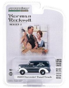 1939 chevy panel truck dark blue with white fenders grocery & market delivery norman rockwell series 5 1/64 diecast model car by greenlight 54080a