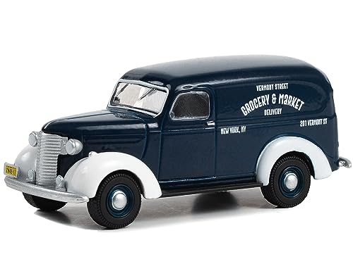 1939 Chevy Panel Truck Dark Blue with White Fenders Grocery & Market Delivery Norman Rockwell Series 5 1/64 Diecast Model Car by Greenlight 54080A